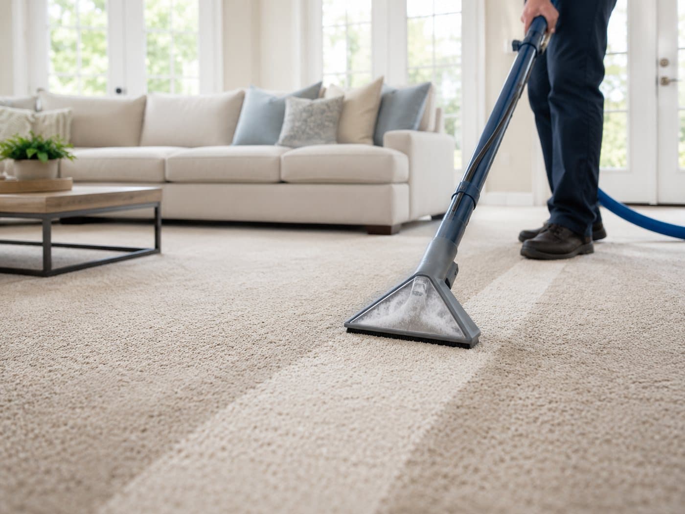 A carpet extractor leaving clean lines across a living room carpet