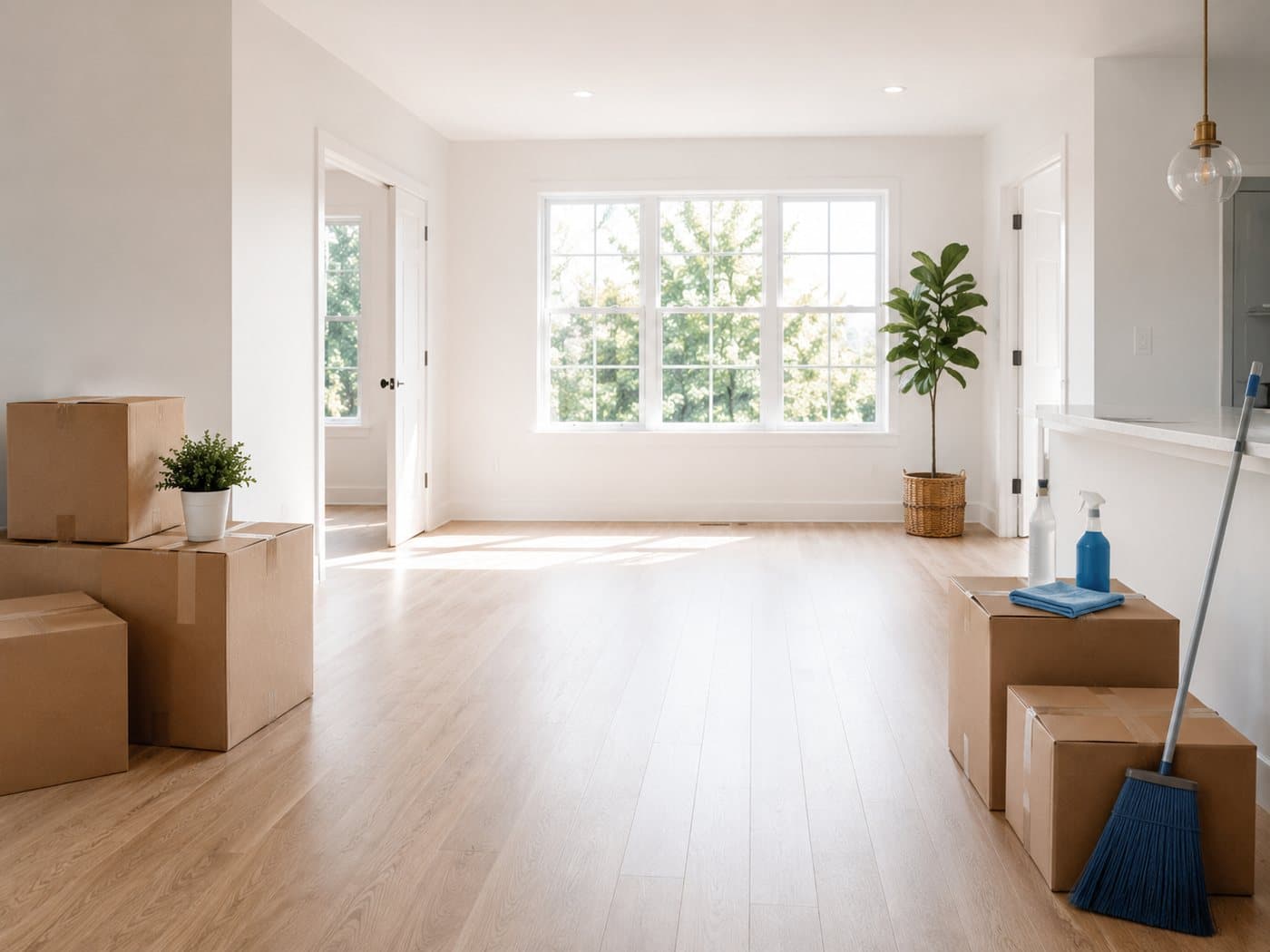 An empty living room with moving boxes and cleaning supplies