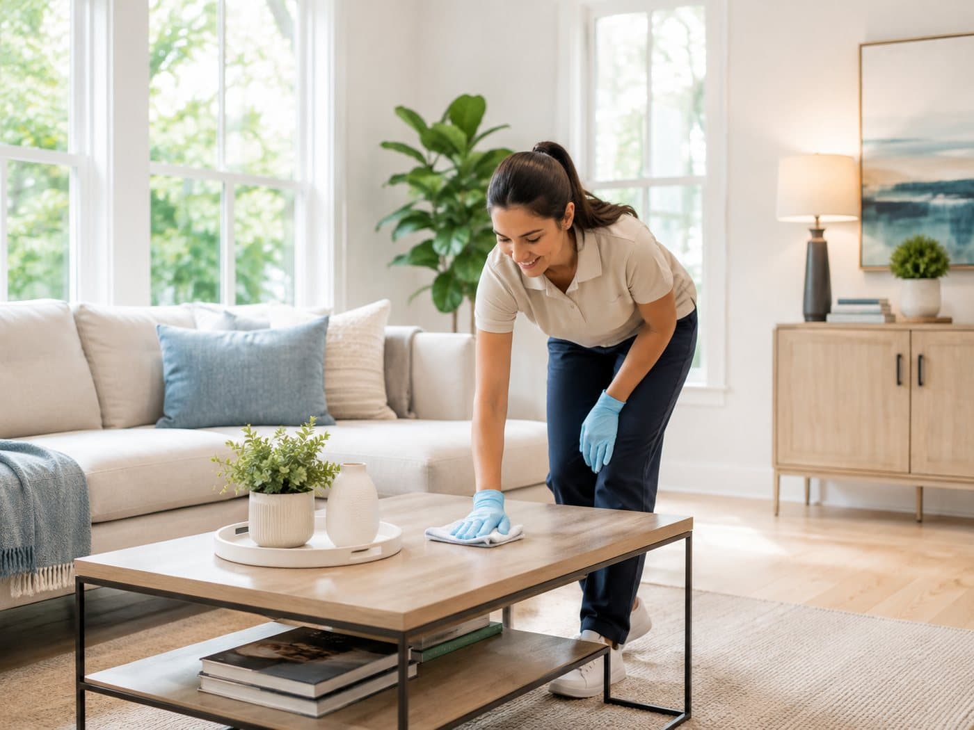 A cleaner wiping down a coffee table in a bright living room